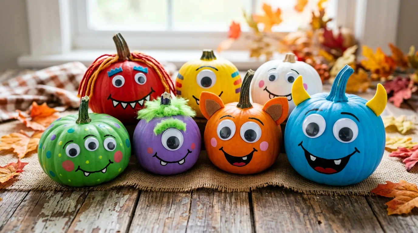 Use stands trays or crates to improve the arrangement inspiration for a painted pumpkin display.